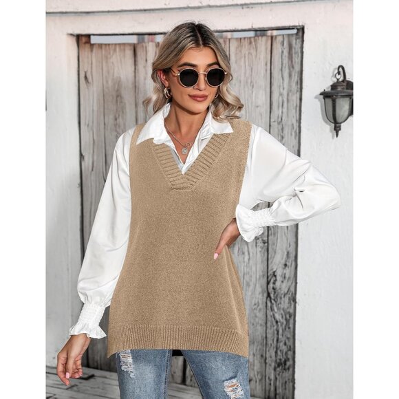 Women Camel Sweater Vest Sleeveless V Neck Oversized Knitted Pullover Fall - Picture 3 of 5